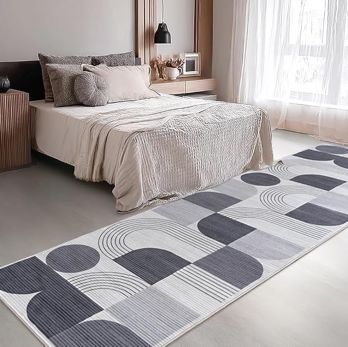 Machine Washable 2.7x10 Runner Rug, Soft Modern Geometric Abstract Grey Rugs for Bedroom Living Room, Non-Shedding Faux Wool Indoor Throw Floor Carpet for Office Entryway Dining Room Decor