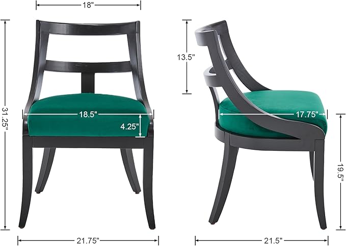 Modern Farmhouse Dining Chairs Set of 2 Mid Century Upholstered Dining Chair with Wooden Curved Back Kitchen Chairs for Dining Room Restaurant Cafe, Black-Velvet Green