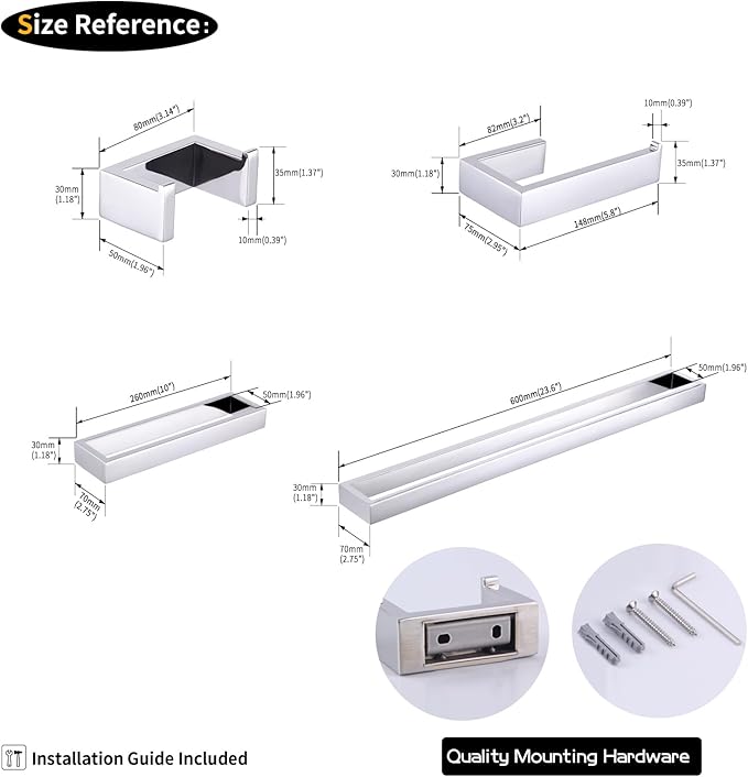 GERZWY 4-Piece Bathroom Accessory Set SUS 304 Stainless Steel Towel Bar Toilet Paper Holder Towel Ring Towel Hooks Wall Mount, Polished Finish HG1708-4JG