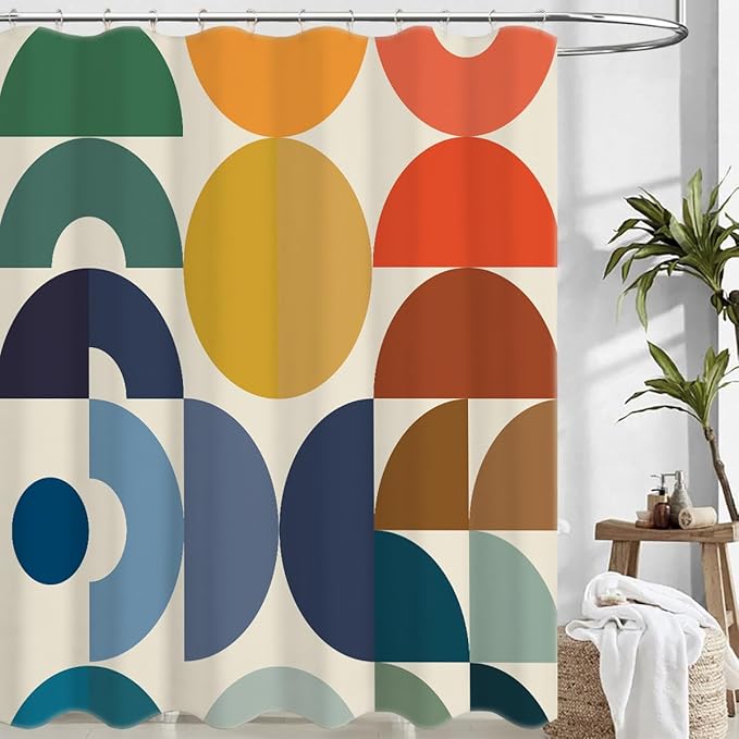 Mid Century Geometric Shower Curtain Sets,Multicolor Geometry Art Bath Curtain for Bathroom,Modern Boho Abstract Waterproof Fabric Polyester Curtain with 12 Hooks, 72 x 72 Inches