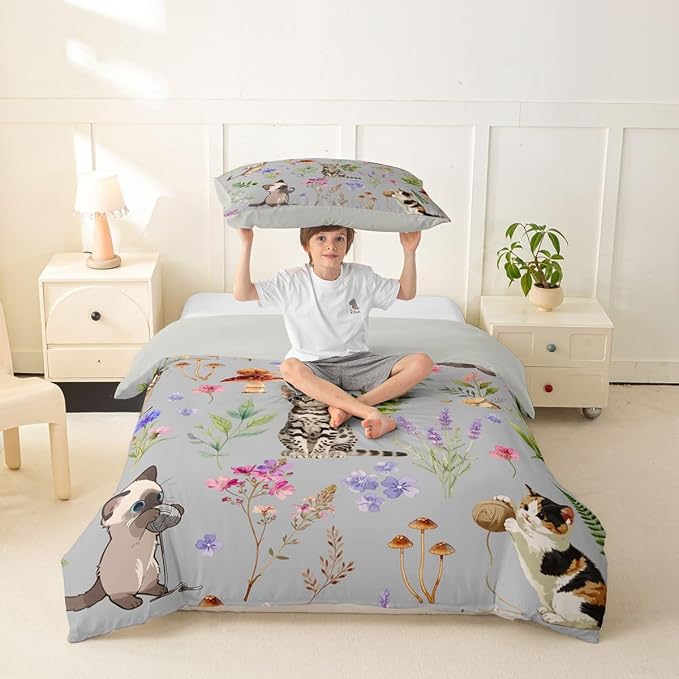 Erosebridal Cute Cat Duvet Cover Twin Lovely Kitten Cat Lovers Bedding Set Boho Watercolor Floral Comforter Cover for Kids Girls Boys Adults Kawaii Pet Animal Bed Set