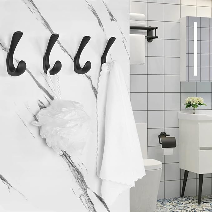 4 Pack Towel Hooks for Bathrooms Wall Mounted, Matte Black Bathroom Hooks for Towels, Robe & Towel Hook for Wall, Modern Black Bath Towel Hook
