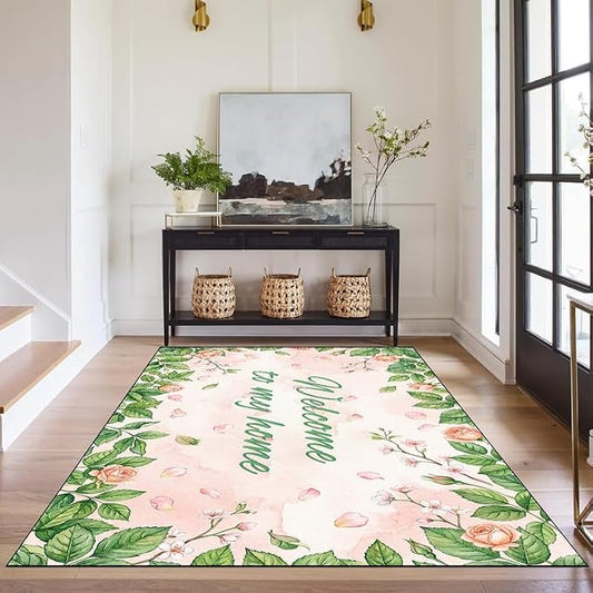 Welcome Rug Floral Area Rug for Entryway Bedroom Living Room Nursery Playroom Classroom Home Decor Pink Rose Green Leaf Carpet Non-Slip Washable Floor Mat,3'x5'