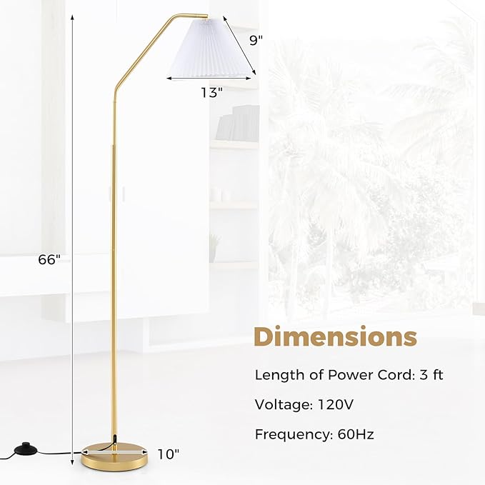Tangkula Arc Floor Lamp, Modern 66”H Tall Standing Lamp with Adjustable Lamp Head, Pleated Lampshade & Foot Switch, Tall Reading Lamp for Living Room, Bedroom & Office (White, 66" H)