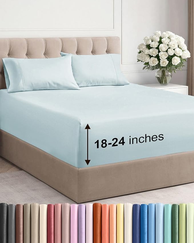Extra Deep Twin Sheet Set - 4 Piece Breathable and Cooling Sheets - Hotel Luxury Bedding for Women, Men, Kids & Teens - Easy & Secure Fit - Soft, Wrinkle Free and Comfy - Extra Deep Pockets - Ice Blue