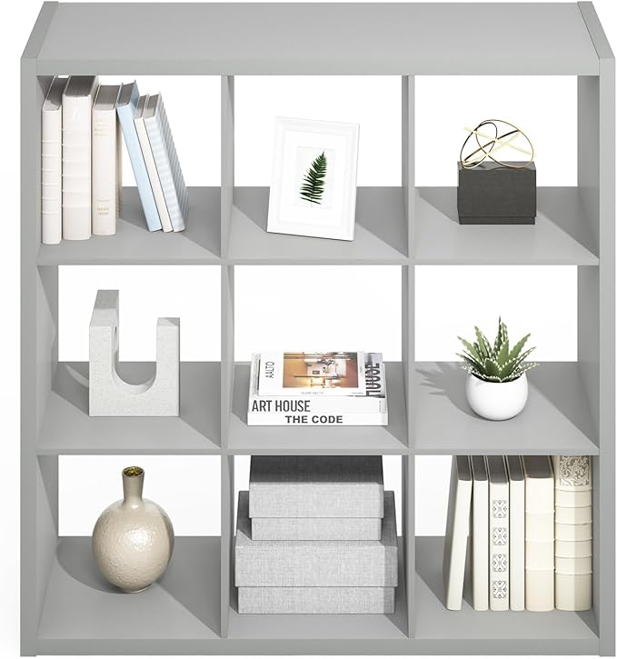Furinno Simple Cube Storage Organizer, 9-Cube Display Shelf, Open Back Shelving Unit, Storage Shelves, Extra Thick Frame, for Organization and Storage, Living Room, Home Office, Light Grey