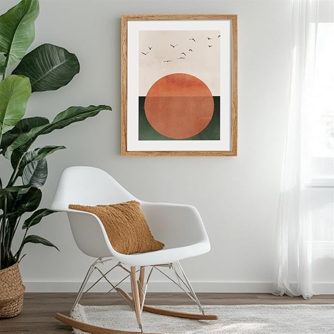 Framed Japanese Minimalist Sunset With Bird Wall Art Nature Geometric Abstract Poster Modern Mid Century Eclectic Canvas Prints for Living Room Gallery Home Decor 16x24 inch