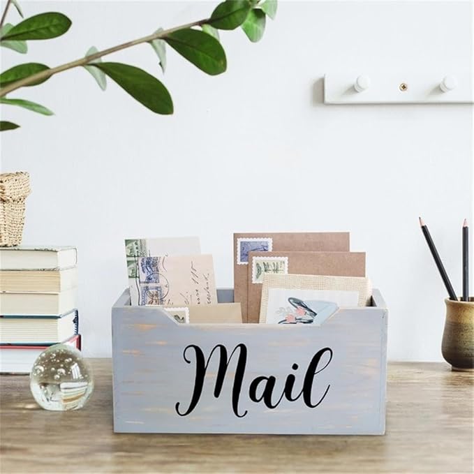 Elegant Designs HG2010-GMB Rustic Farmhouse Wooden Tabletop Black Script Word Mail Organizer Box, Letter Holder Office Accessories Décor, Gray Wash