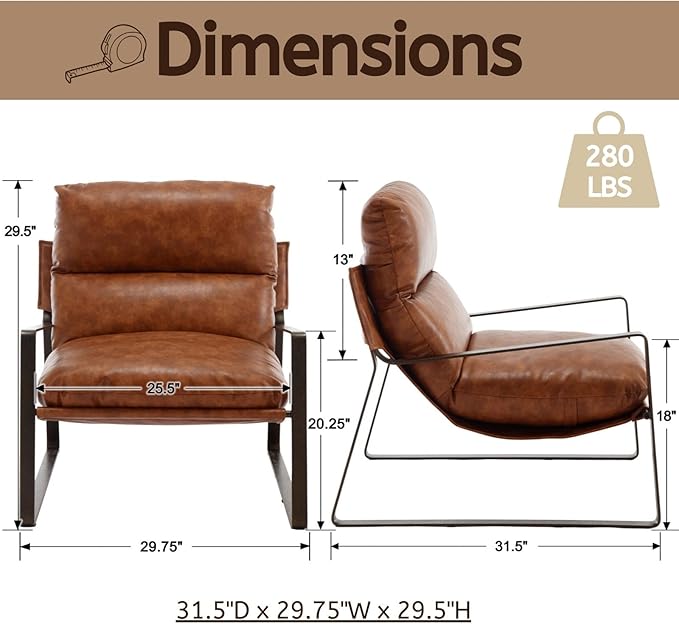 LukeAlon Modern PU Leather Accent Armchair, Upholstered Lounge Chair with Brass Metal Frame Thickened Cushion Comfy Leisure Chair with Lychee Grain for Bedroom Living Room, Brown