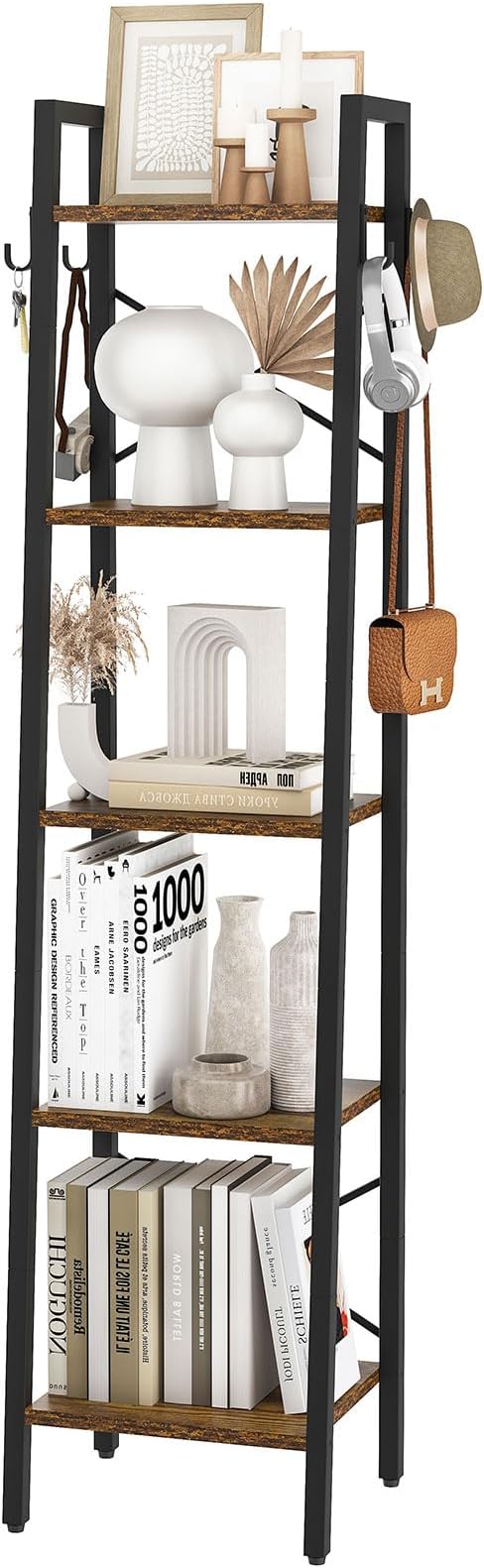 YMYNY 5 Tiers Ladder Bookcase, Industrial Narrow Bookshelf, Open Display Rack with 4 S Hooks, Metal Storage Shelves for Bedroom, Home Office, Living Room, Rustic Brown, 63H*13.4L*11.8W, UHBC025H