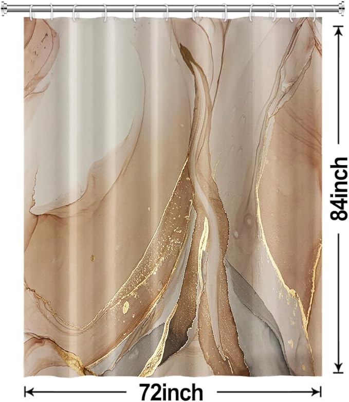 Brown Shower Curtain, Modern Brown Gold Grey Marble Shower Curtain for Bathroom Aesthetic Ink Texture Waterproof Shower Curtain Set with Hooks, 72x84 Inch