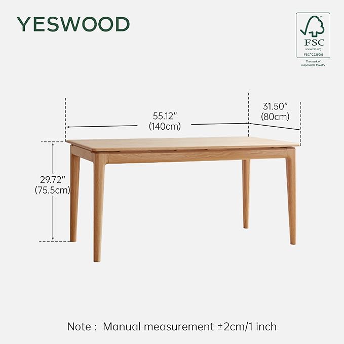 YESWOOD Rectangular Solid Wood Home Office Desk, Modern Dining Table, Writing Computer Desk for Sturdy, Dining Room, Living Room, Office Natural Wood Color 55.11" W