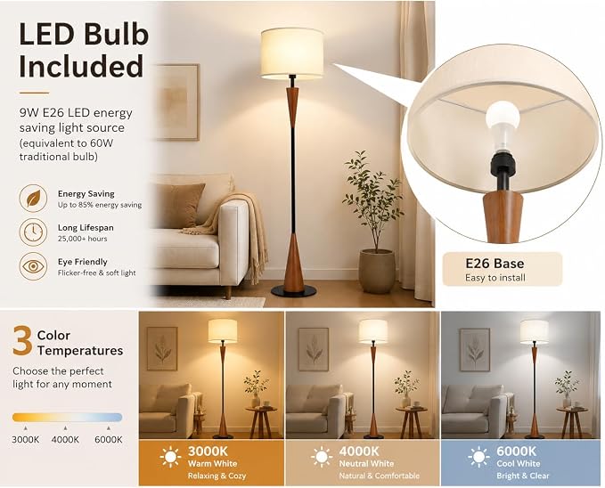 Floor Lamps for Living Room,61.5" Wood Floor Lamp,Retro Farmhouse Standing Lamp Includes 9W Bulb with 3-Color Temperature,Tall Lamp for Bedroom,Dining Room,Living Room,Corner,Brown
