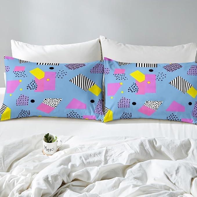 Retro 80s Style Bedding Set Twin,Abstract Geometric Pattern Duvet Cover Urban Modern Design with Circles and Triangle Comforter Cover Colorful Pop Art Inspired Pattern Quilt Cover for Boys Child