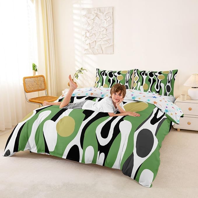Erosebridal Organic Geometric Duvet Cover Set Modern Abstract King Bedding Set for Adult Men Retro Mid Century Comforter Cover Modern Fluid Art Irregular Circles Bed Sets,Sage Green Khaki