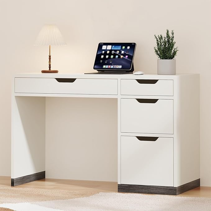 48 Inch White Desk with Drawers, Small Desk with 4 Storage Drawers for Kids, Computer Study Desk with Filing Drawers for Home Office