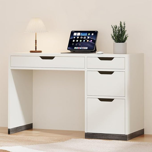 48 Inch White Desk with Drawers, Small Desk with 4 Storage Drawers for Kids, Computer Study Desk with Filing Drawers for Home Office