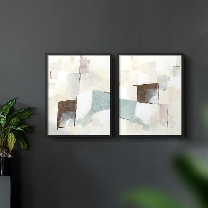 Renditions Gallery Set of 2 Peel & Stick Framed Prints, Abstract Wall Art, Minimalist Color Block Brush Strokes Wall Decor, Re-Stickable - Ready to Hang - 11"x14" - Black Frame LT588