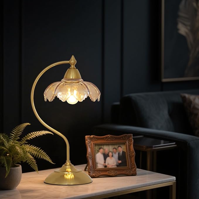 Table Lamps for Living Room, Flower Desk Lamp, Glass Beside Lamp for Nightstand, Gooseneck Small Table Lamp, Mid Century Modern Desk Light, Table Light for Bedroom Home Office Reading (Amber)