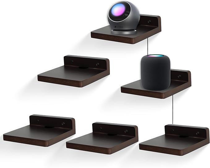 Small Floating Shelf for Wall,5 Inch Wooden Wall Shelf Set of 6,Mini Speaker, Baby Monitor,Cameras，Figurines Display Stand, for Bedroom, Gaming Room, Living Room, Bathroom, Office(Walnut)