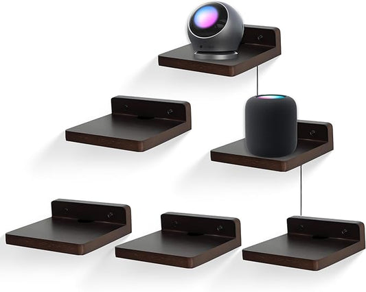 Small Floating Shelf for Wall,5 Inch Wooden Wall Shelf Set of 6,Mini Speaker, Baby Monitor,Cameras，Figurines Display Stand, for Bedroom, Gaming Room, Living Room, Bathroom, Office(Walnut)