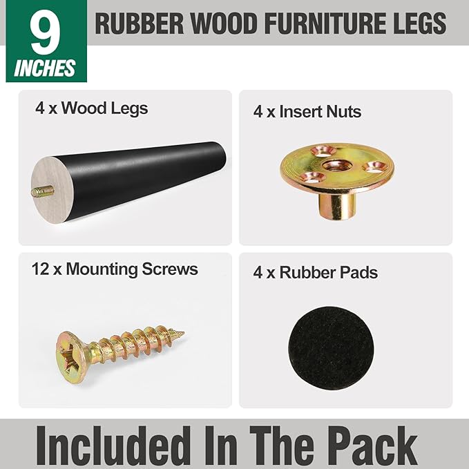 FoDau770 Black Rubber Wood Furniture Legs 9 Inches, Straight Tapered Wood Feet Mid Century Sofa Legs Set of 4, 5/16" UNC Furniture Feet for Cabinet Couch Dresser Chair Ottoman Table