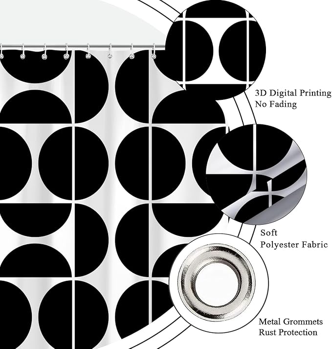 Black and White Mid Century Modern Shower Curtain, Boho Abstract Geometric Retro Art Bath Curtains For Bathroom, Colorful Unique Pattern Waterproof Polyester Fabric Bathroom Set 12 Hooks 72X72IN