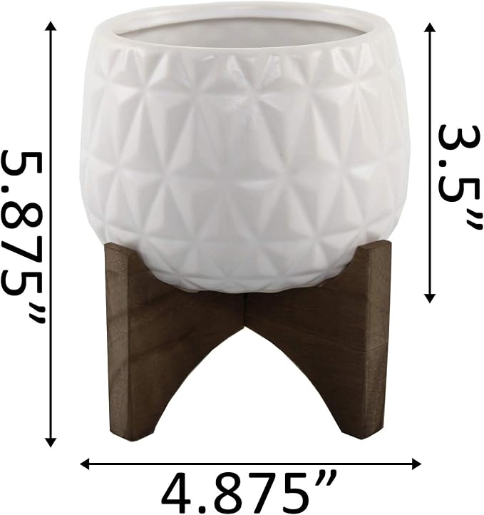 Flora Bunda 5 Inch Kaleid Ceramic on Wood Stand Mid Century,Matte White 5"