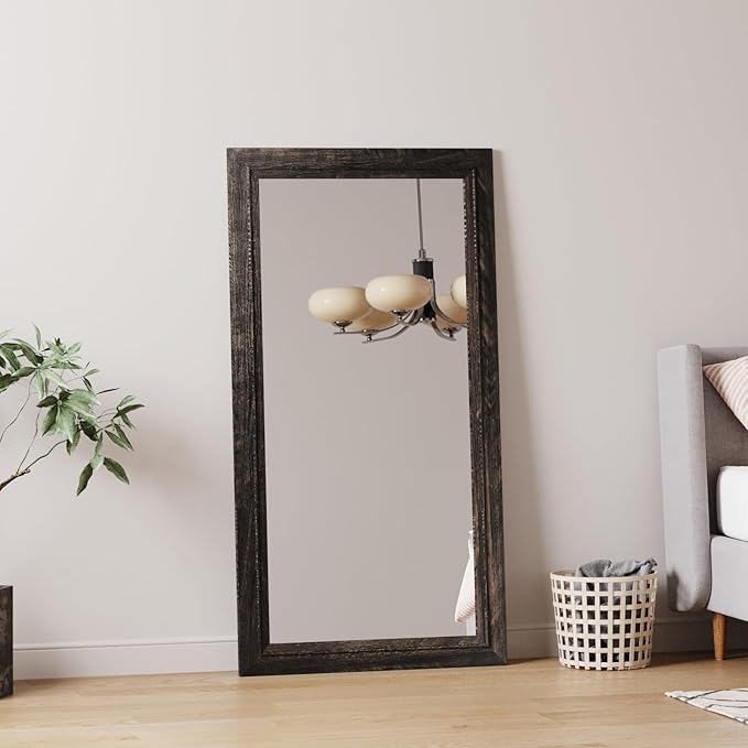 Rustic Wall-Mounted Vanity Mirror, Solid Wood Frame Bathroom Mirror, Farmhouse Style for Living Room, Bedroom, Entryway, Horizontal/Vertical Hanging