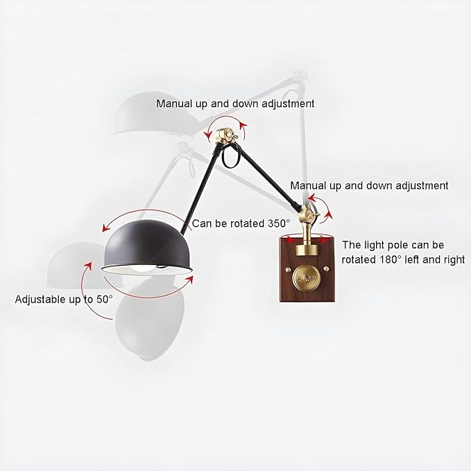 Retro Bedside Wall Lamp, E27 Swing Arm Wall Sconce Lighting Industrial Adjustable Antique Wooden Brass Wall Light Fixture, Metal Lampshade, for Bedroom Sofa