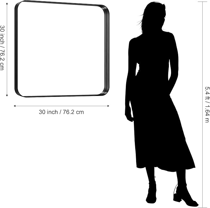 CIRCUMI Black Bathroom Mirror, 30"x30" Rectangular Mirror with Deep Metal Frame, Rounded Corner, Tempered Glass, Square Mirror for Wall, Oversink, Bedroom, Living Room, Vanity, Entryway, Crystal-Clear