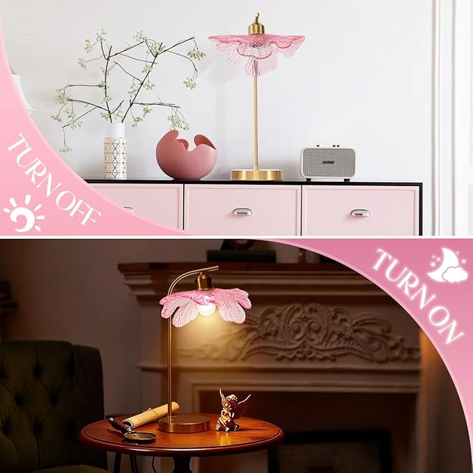 Pink Glass Table Lamps Mid Century Modern Table lamp Gold Desk lamp Tall Table Lamp Touch Nightstand Lamp with Flower Design Bedside Table Lamp for End Table Side Living Room Girl's Room