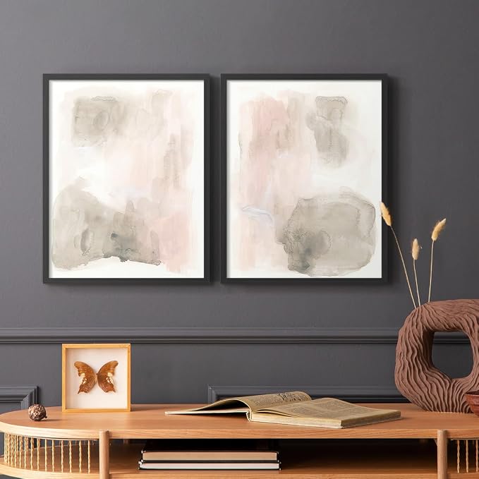 Renditions Gallery Set of 2 Peel & Stick Framed Prints, Watercolor Abstract Wall Art, Nude Color Neutral Aesthetic Wall Decor, Re-Stickable - Ready to Hang - 11"x14" - Black Frame LT588