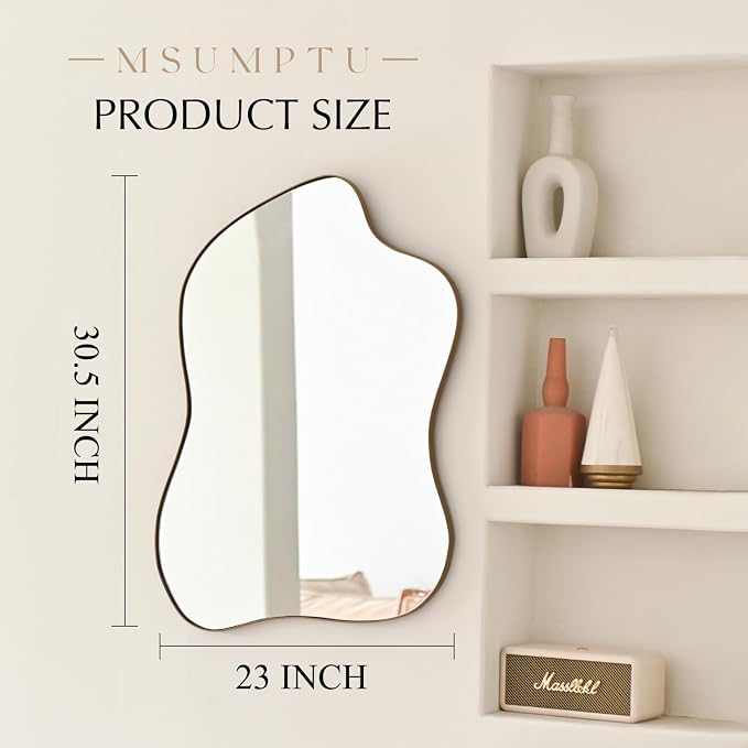 Irregular Wall Mirror Brass Wave Shaped Metal Framed Wall Mirror for Bathroom Bedroom Entryway Living Room Wall Decor 30.5" L x 23" W 2303G