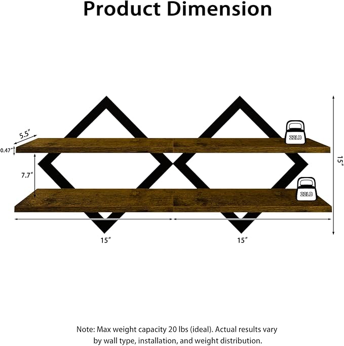 Geometric Floating Shelves Set of 2, Rustic Wall Shelves for Bedroom, Living Room & Apartment Decor, Wood & Metal Farmhouse Display Shelf for Plants, Picture Frames & Small Decor, 15 Inch