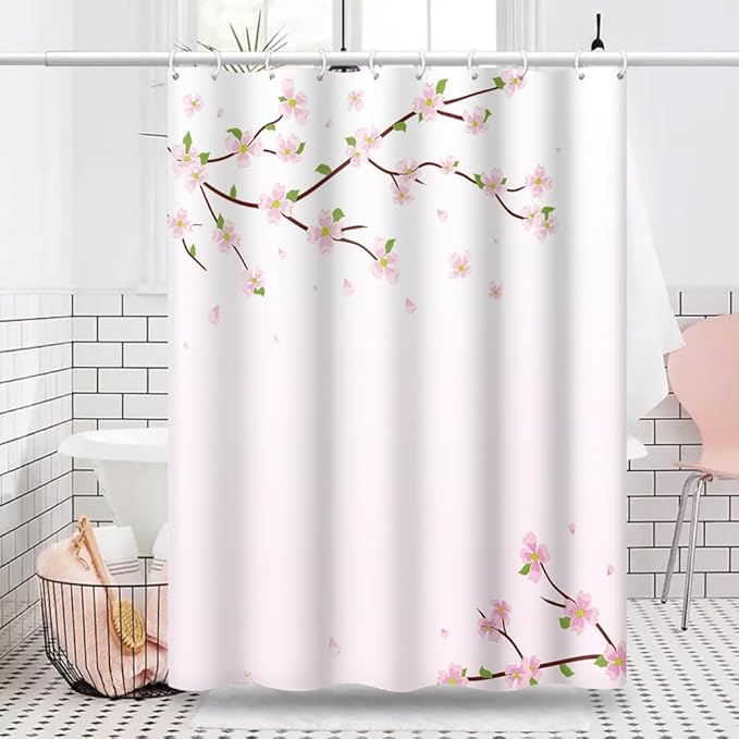 Cherry Blossom Shower Curtain Japan Pink Floral Landscape Shower Curtains for Girly Woman Bathroom Decor Accessories Waterproof Polyester Fabric with Hooks, 72 x 78 Inch
