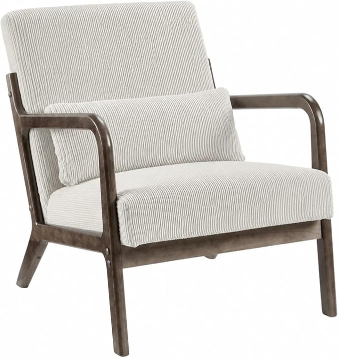 Garvee Mid-Century Modern Accent Chair, Fine Wale Corduroy Upholstery, Solid Wood Armchair with Removable Lumbar Pillow, Sturdy Reading Chair for Living Room, Bedroom, Guest Room, Easy Assembly, Beige