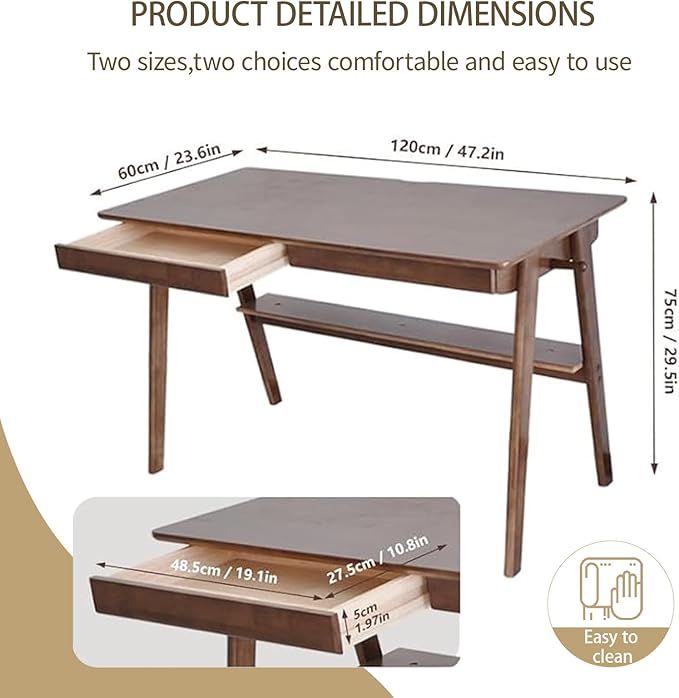 Mid-Century 47" Desk Solid Wood Writing Desk with 2 Drawers and Lower Shelf, Home Office Table for Study or Work or Dining with 2 Hanging Rod, Walnut