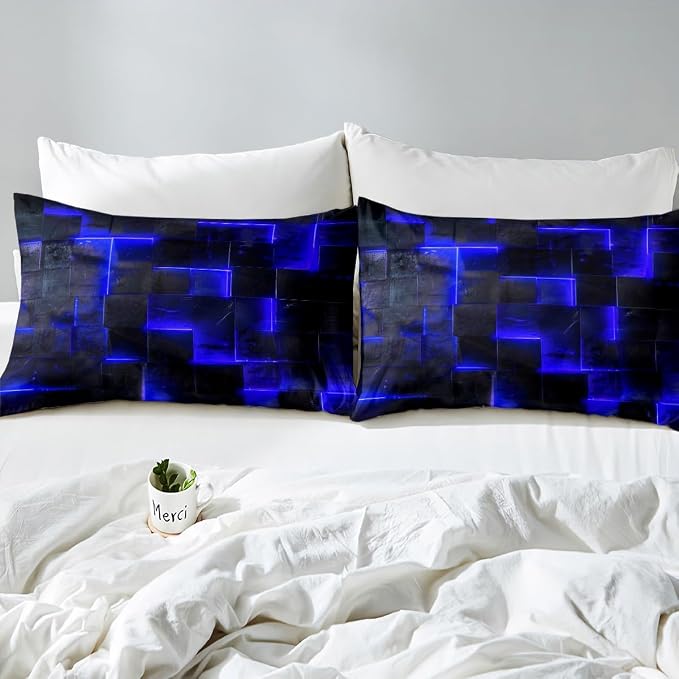 Black Navy Blue Abstract Comforter Cover Gradient Square Bed Set Grid King Duvet Cover Neon Checkered Bedding Set King Glowing Plaid Bedspread Cover Modern Room Decor 3pcs (Black Reversible)