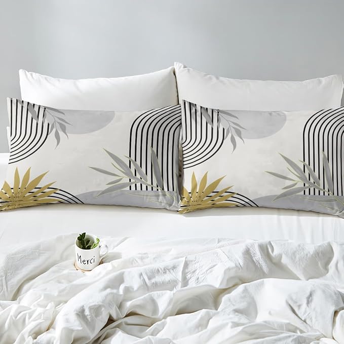 Erosebridal Boho Grey Geometric Duvet Cover Twin for Kids Boys Girls,Abstract Leaves Comforter Cover,Retro Mid Century Bedding Set,Minimalist Aesthetic Bed Set 2 Pcs Bedroom Decor