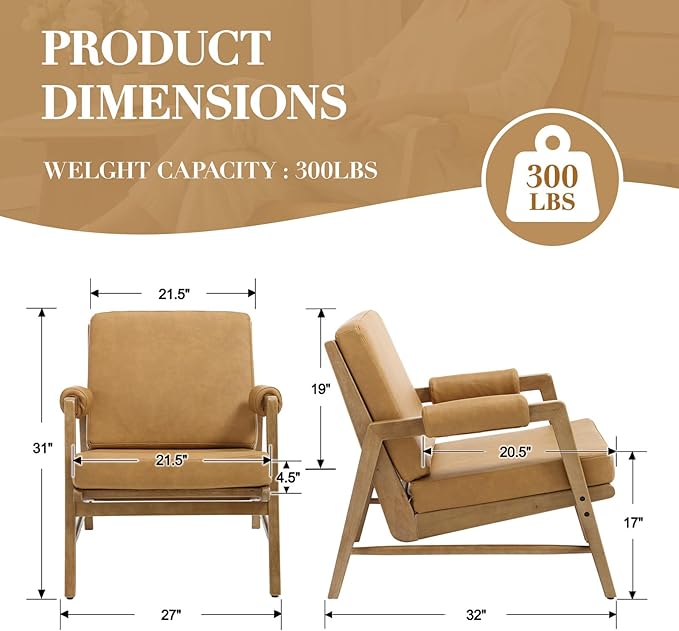 CIMOTA Mid Century Modern Accent Chair, Leather Upholstered Living Room Chairs with Arms, Comfy Reading Chair with Solid Wood Frame, High Back for Bedroom, Waiting Room, Office, Brown