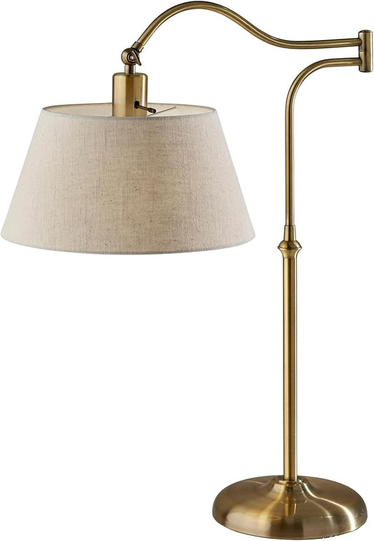 Adesso Antique Brass Table Lamp with Cream Fabric Shade - 180 Degree Adjustable Arm, Versatile Bedside Table, Living Room, or Desk Lamp, 27” Tall