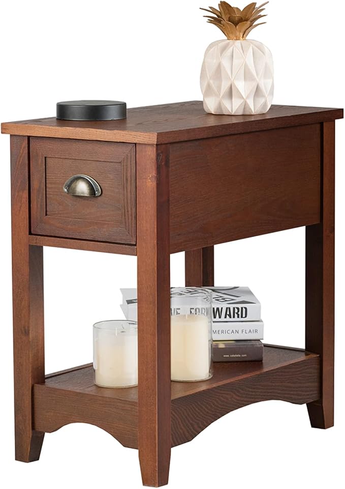 KOTEK End Table with Drawer and Open Shelf, Retro Narrow Side Table Nightstand w/Solid Wood Legs, Slim End Table for Small Space, Living Room, Bedroom, Home Office (Walnut)