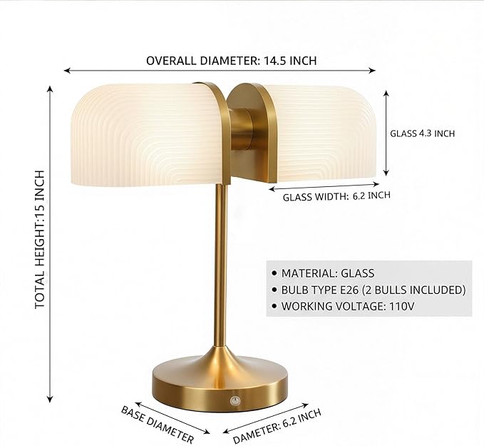 Vintage Milk Glass Bankers Desk Lamp - Dimmable Touch Control Bedside Lamp with USB A+C Charging Ports, for Bedroom Nightstand & Living Room, Bulb Included (White)