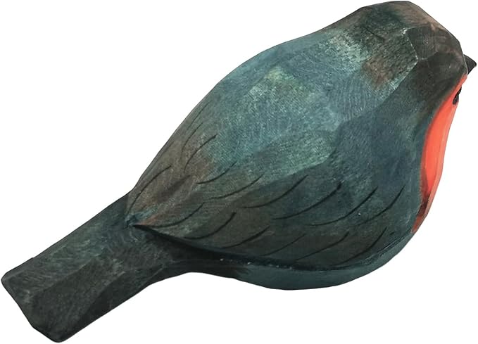DIYOMR Bird Figurine, Hand Carved Birds Wood Décor, Art Animal Wooden Sculpted Bird with Wood Block, Vivid Bird Statue for Gift Home Table Ornament Decor (Robin Bird)