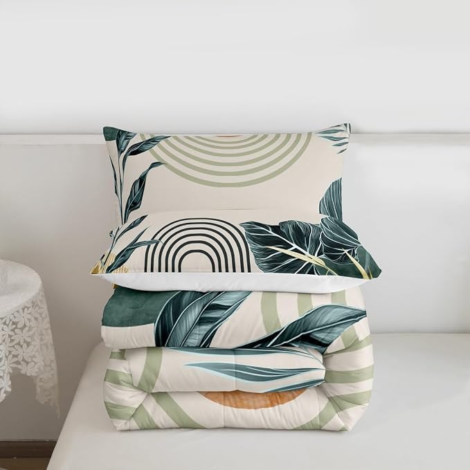 Erosebridal Mid Century Modern Toddler Comforter Set Boho Tropical Leaves Palm Leaf Bedding Set Retro Geometric Line Art Comforter for Kids Boys Girls Abstract Sun Aesthetic Arch Curve Quilt Duvet