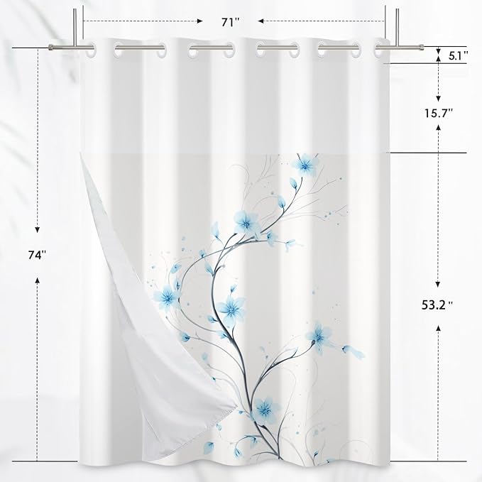 No Hook Shower Curtain with Snap in Liner Blue Watercolor Flowers Plant Shower Curtain with Liner for Bathroom Modern Hotel Fabric Washable 71x74 Inch