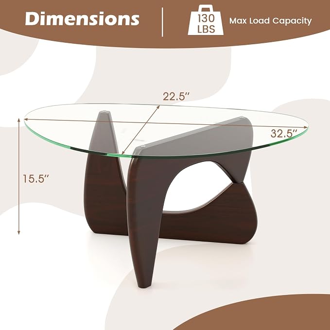Tangkula Triangle Glass Coffee Table, Mid-Century Modern Center Table with Tempered Glass Top & Adjustable Rubber Wood Base, Small Coffee Table for Small Spaces, Living Room & Reception Room (Walnut)