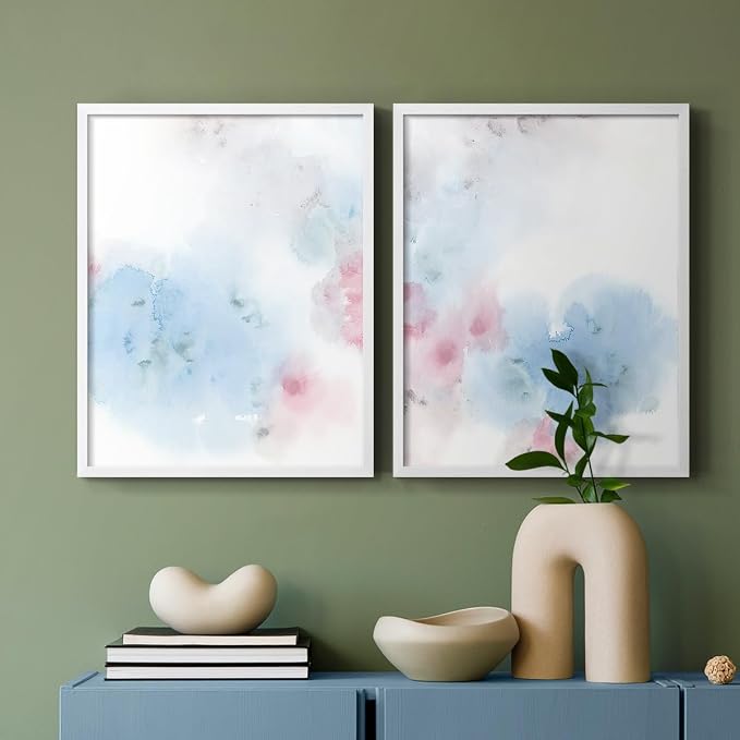 Renditions Gallery Set of 2 Peel & Stick Framed Prints, Watercolor Abstract Wall Art, Cotton Candy Splash Wall Decor, Re-Stickable - Ready to Hang - 11"x14" - White Frame LT588