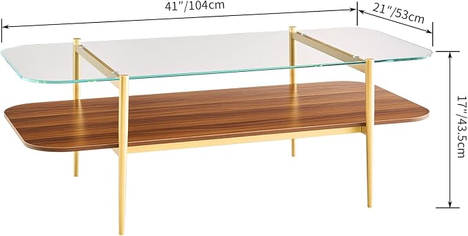 Saint Mossi Tadio Double Layer Glass Coffee Table for Living Room, Clear Glass & Coffee Brown MDF Bottom Shelf with Round Corners, L41xW21xH17